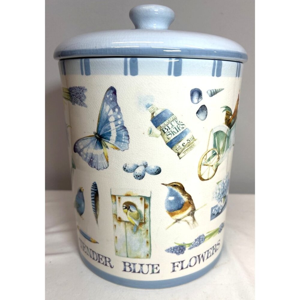 Majolica Boston Ceramic Blue Skies Birdsong & Butterflies Decorative Lidded Jar